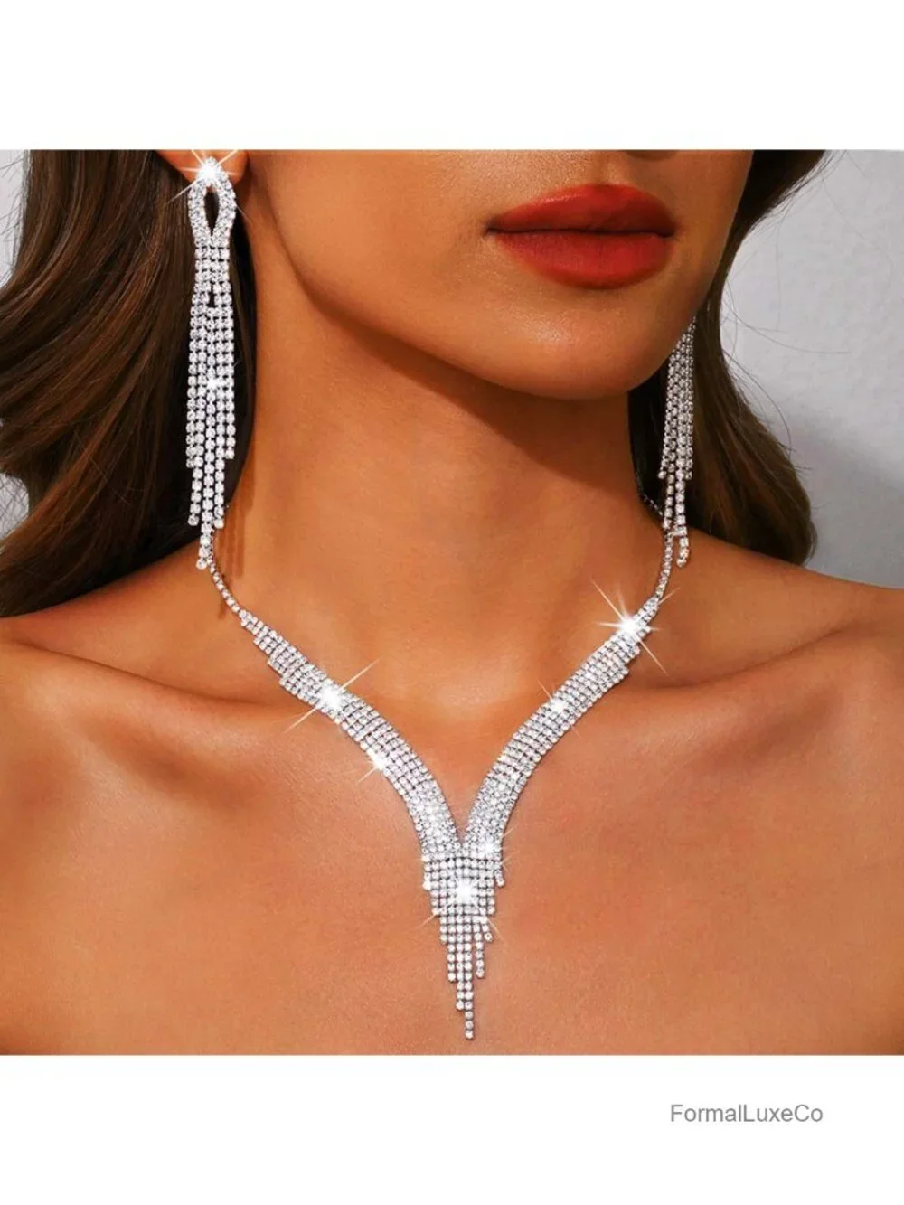 Rhinestone Bridal Jewelry Set - Silver Necklace Earrings Set for Wedding Prom